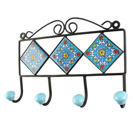 Turquoise Ceramic Floral Tiles Hook 